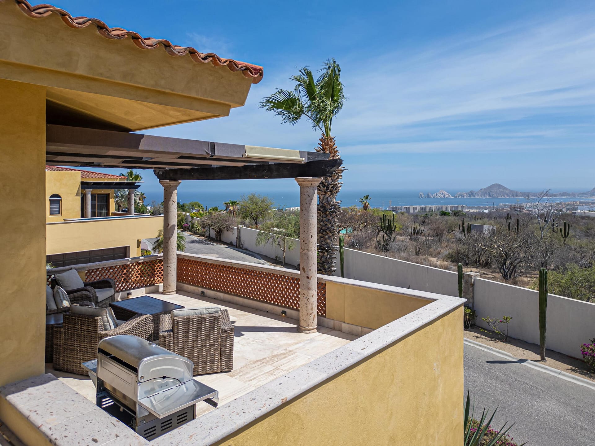 Hot sale! Priced to sell Modern Tuscan Townhome in El CielitoLocated atop Rancho Paraíso, this beautiful 3 bedroom, 3 bathroom corner unit offers privacy, and tranquility. Enjoy stunning ocean views from the expansive terrace, along with a large private yard, ideal for entertaining or relaxing in total privacy.Featuring high end finishes throughout, including Egyptian marble and solid wood carpentry, this exudes warmth and elegance.The open concept living area features vaulted ceilings that blend seamlessly onto the terrace, where blue waters of the Sea of Cortez and twinkling city lights create stunning backdrop.Offered turnkey and furnished, ready for you to move in and enjoy Cabo living at its finest.